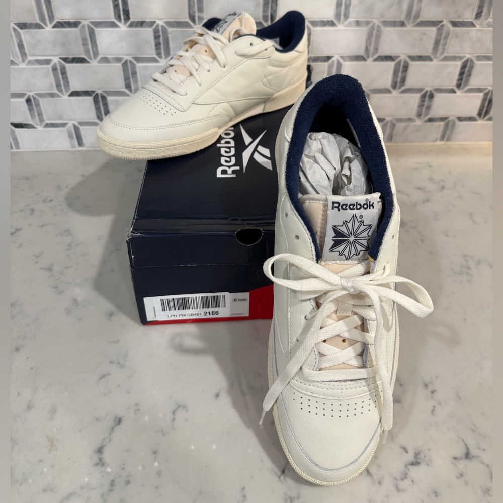 Men’s Reebok White and Navy All leather Tennis Shoes
